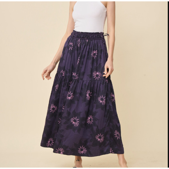 NEW $298 Omika Rosalita MAXI Skirt Mara Midnight Purple Floral Fireworks LARGE - Picture 1 of 4
